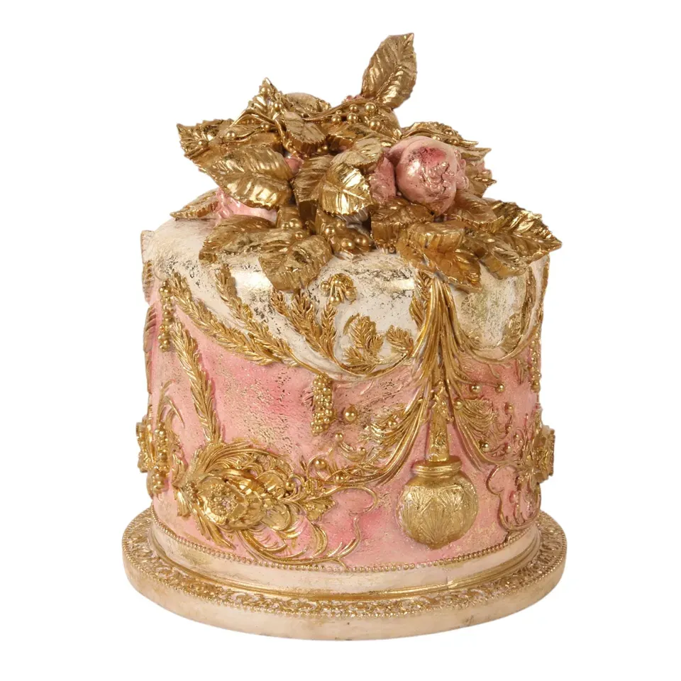 Dekorative Torte Kunstharz Rosa/Gold 24 cm Dekorative Torte, Attrappe, Polyresin, rosa/gold, 24x20x20cm im barocken Stil.