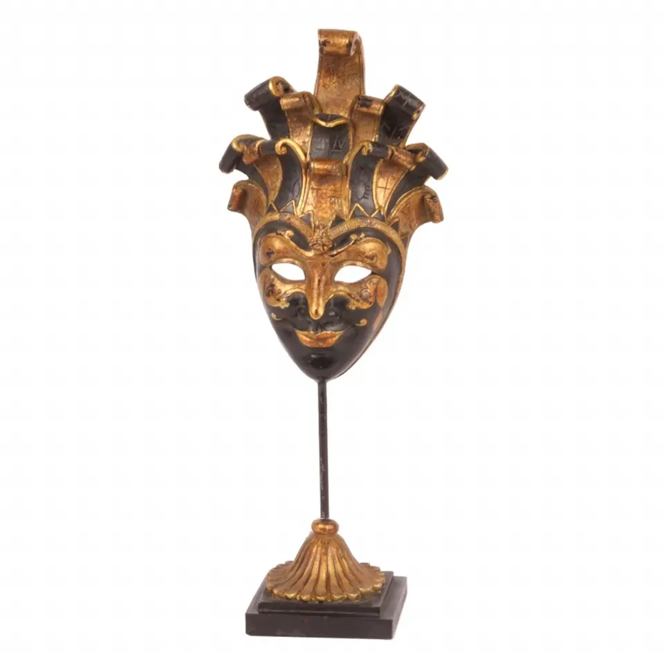 Maskenfigur auf Sockel im venezianischen Stil Polyresin Schwarz/Gold 28 cm Maskenfigur auf Sockel, Skulptur, Polyresin, schwarz/gold, 28x10,5x6,5cm im venezianischen Stil.
