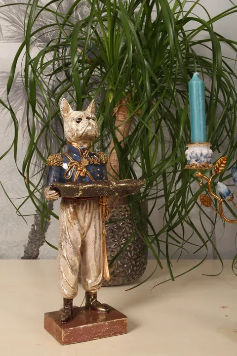 Hundefigur mit Tablett Polyresin Blau/Gold 35 cm