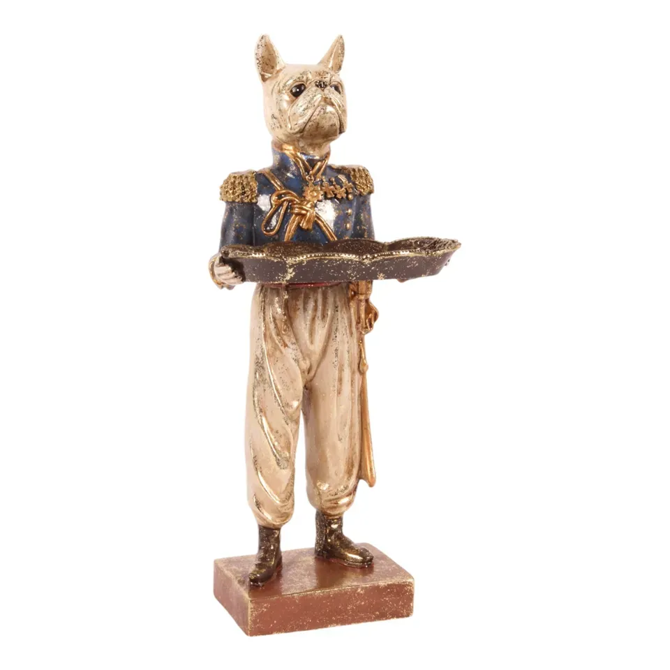 Hundefigur mit Tablett Polyresin Blau/Gold 35 cm Hundefigur mit Tablett, Offizier Skulptur, Polyresin, blau/gold, 35x14x13cm im historischen Uniform-Stil