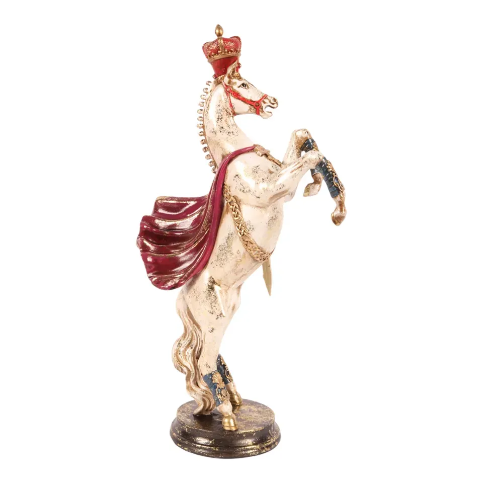Königliches Pferd Skulptur Polyresin Rot/Creme 40 cm Pferdeskulptur, Steigendes Pferd mit Krone, Polyresin, creme/rot/gold, 40x22x11cm im königlichen Stil