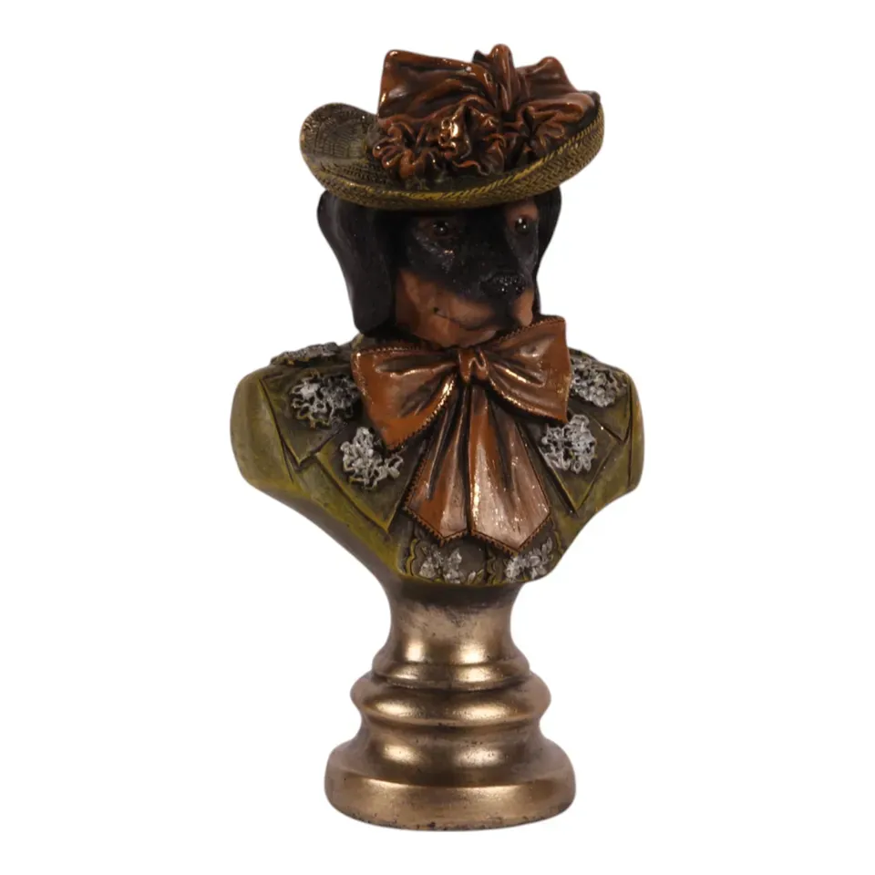 Hundebüste Dackel, Skulptur, Polyresin, braun, 17x10x7cm im nostalgischen Barock-Stil.