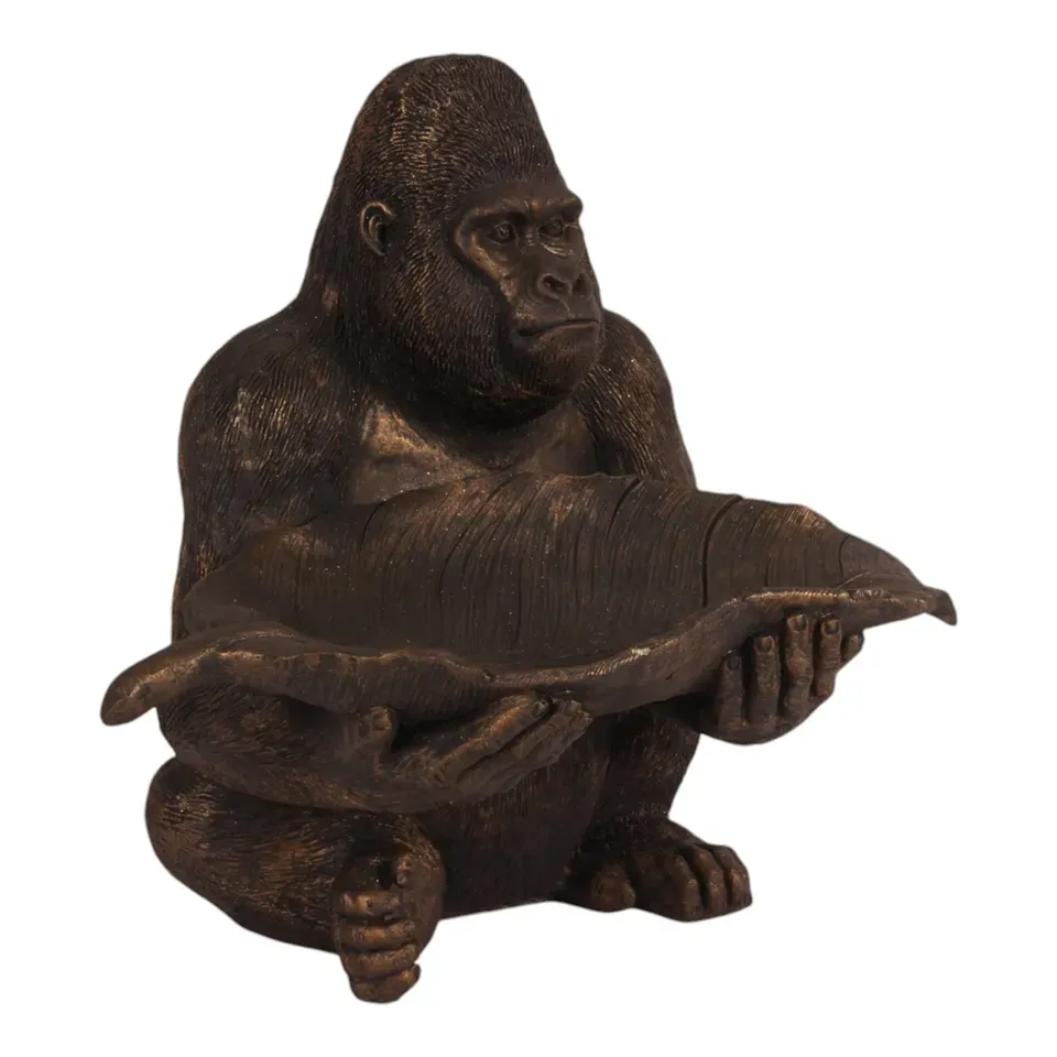 Gorilla Figur mit Deko-Schale, Polyresin, gold, 37,5x39x31cm im exotischen Stil.