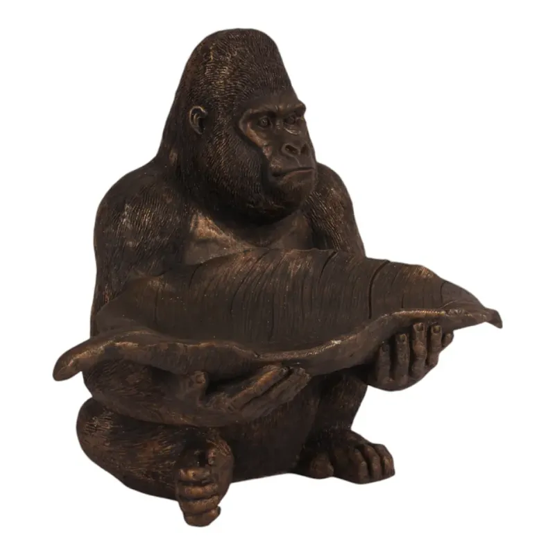 Gorilla Figur mit Deko-Schale, Polyresin, gold, 37,5x39x31cm im exotischen Stil.