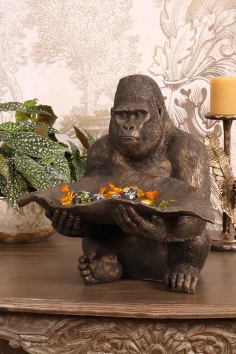 Gorilla Figur mit Deko-Schale Polyresin Gold 39 cm