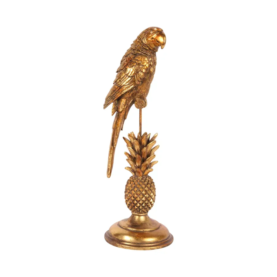 Papagei-Figur auf Sockel Polyresin Gold 33 cm Papagei-Figur auf Ananas-Sockel, Skulptur, Polyresin, gold, 33x11x11cm im tropischen Stil.