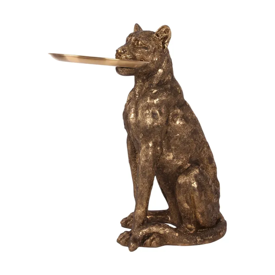 Leopard Figur mit Teller, Butler-Skulptur, Polyresin, gold, 62x56,5x36,5cm im edlen Safari-Stil.