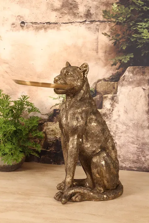 Leopard Figur mit Teller Polyresin Gold 62 cm