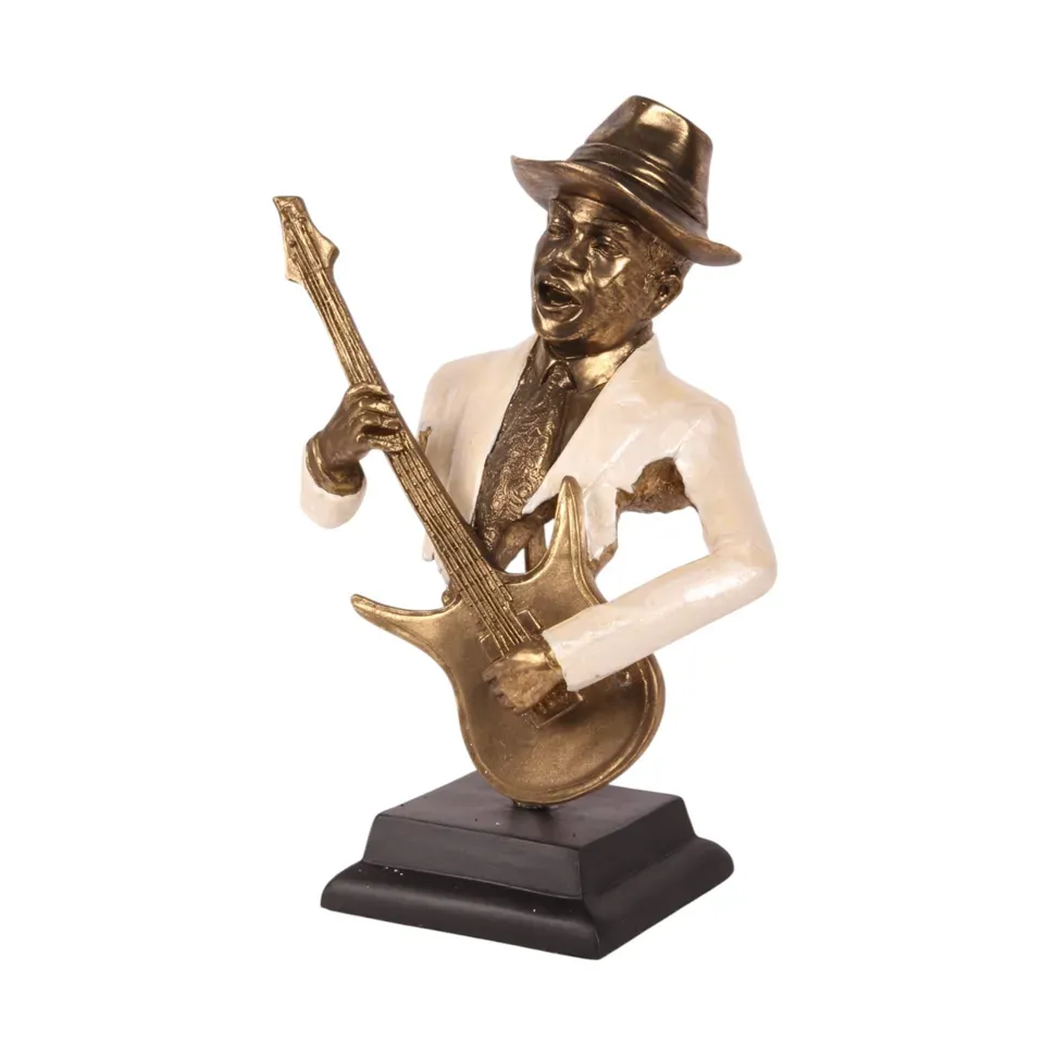 Gitarrenspieler Skulptur, Musiker Figur, Polyresin, creme/gold, 36x27x16cm im musikalischen Jazz-Stil.