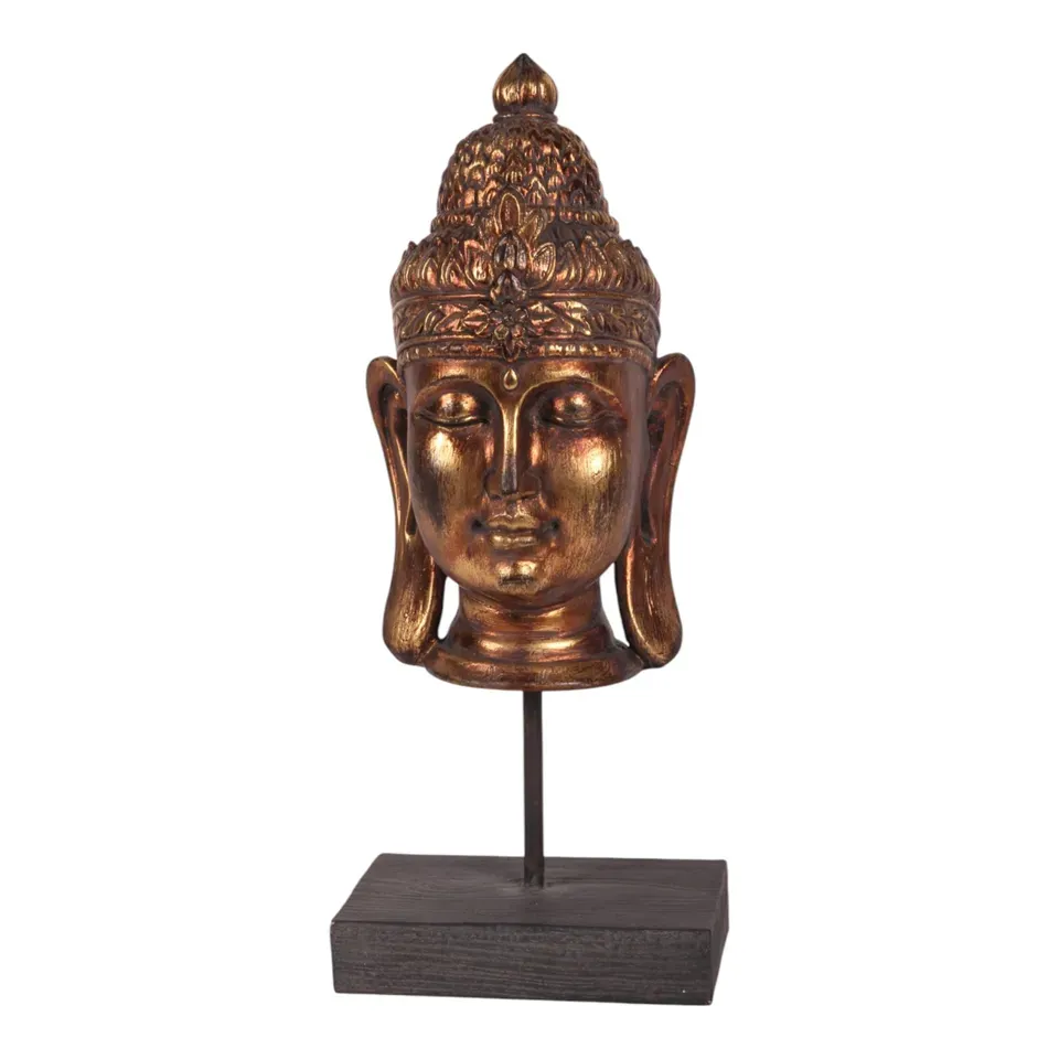 Buddha-Kopf auf Sockel, Skulptur, Polyresin, gold, 36,5x15x9,5cm im asiatischen Zen-Stil.