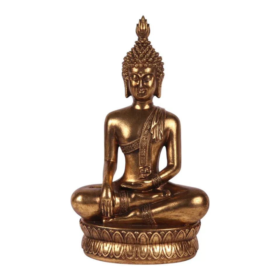 Sitzende Buddha Skulptur, Polyresin, gold, 33x18,5x11cm im asiatischen Meditations-Stil.