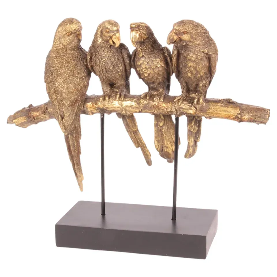 4 Papageien auf Ständer, Skulptur, Polyresin, gold, 48x16x49,5cm im exotischen Barock-Stil.