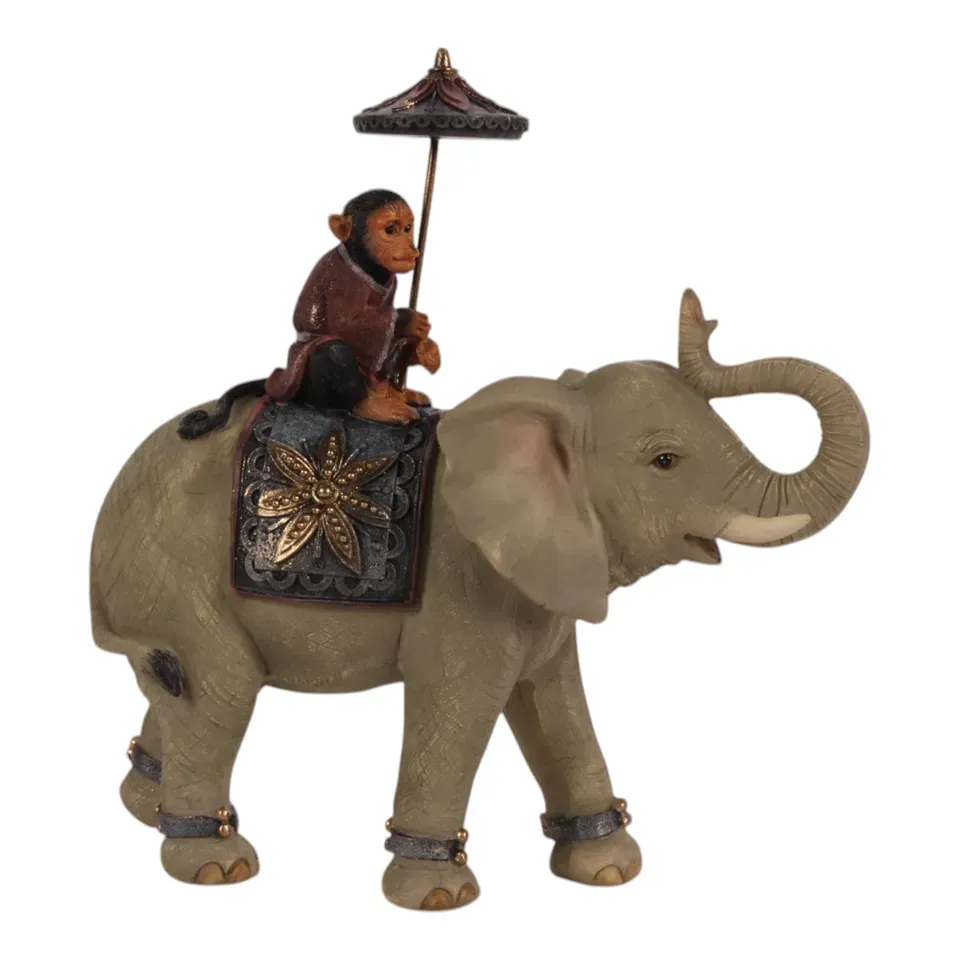 Elefant Figur mit Affe und Schirm, Polyresin, braun, 19x19x7cm im orientalischen Safari-Stil.