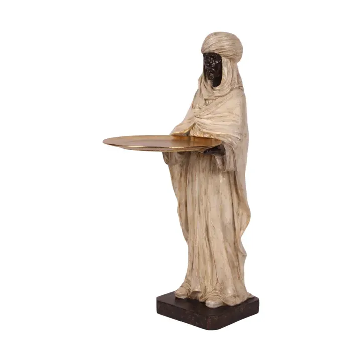 Maurische Figur mit Serviertablett, Butler Skulptur, Polyresin, elfenbein, 51x18,5x17cm im antiken Orient-Stil.
