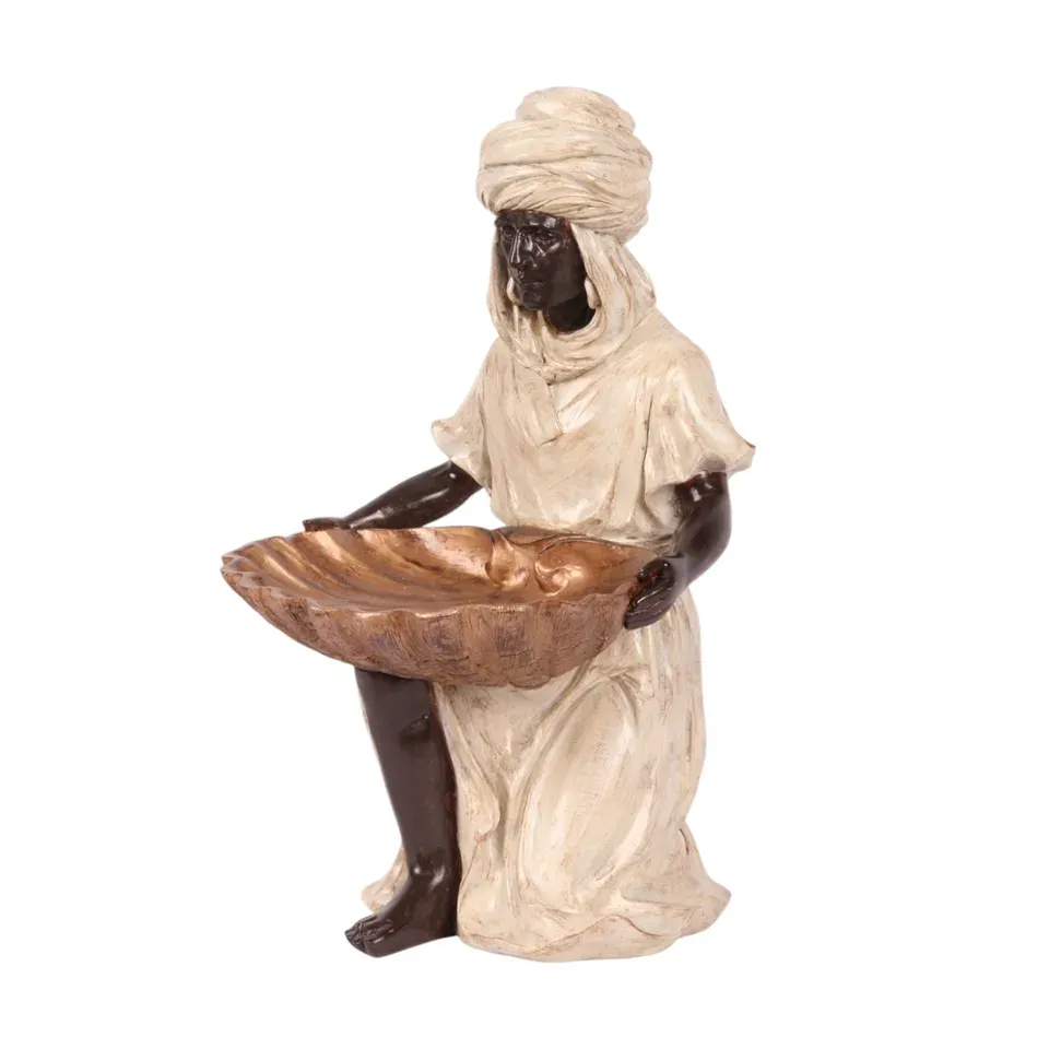 Kniende Maurische Figur Schale Polyresin Elfenbein 36,5 cm Maurische Figur kniend mit Muschelschale, Polyresin, elfenbein, 36,5x26x21cm im antiken Orient-Stil.