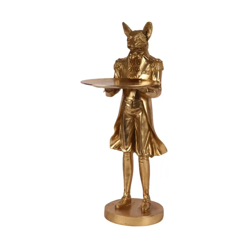 Stehender Fuchs mit Teller Polyresin Gold 54,5 cm Stehender Fuchs mit Teller, Butler-Skulptur, Polyresin, gold, 54,5x30x20cm im historischen Uniform-Stil.