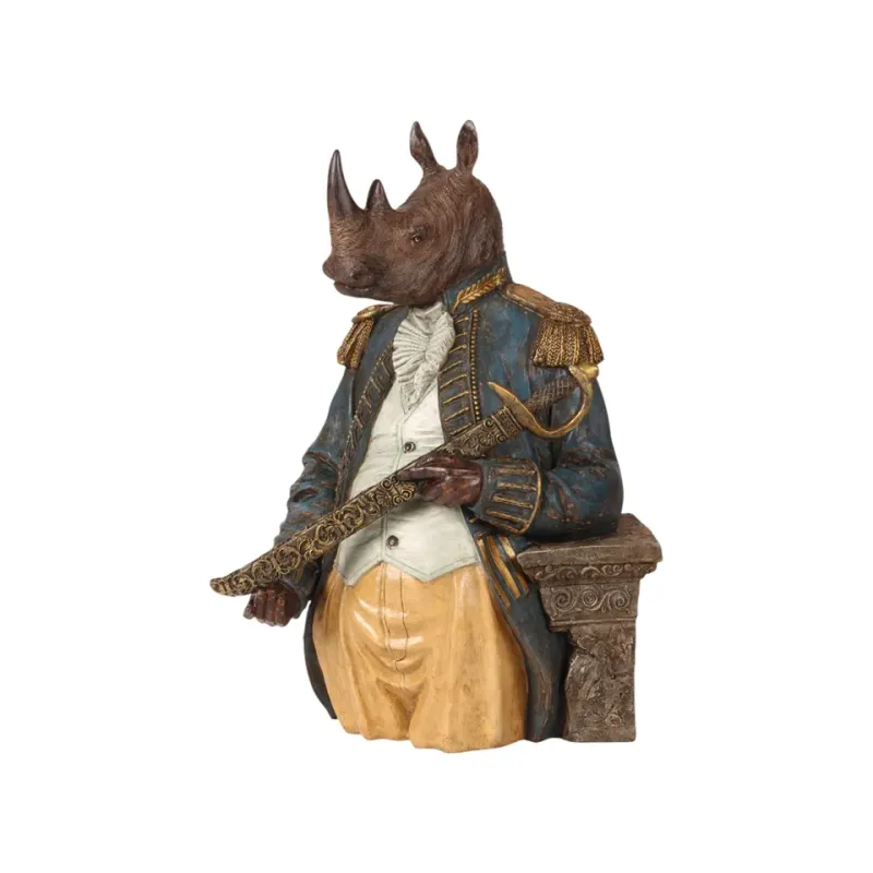 Stehende Nashornfigur Admiral Polyresin Bekleidet 37 cm Stehende Nashornfigur, Admiral Skulptur, Polyresin, bekleidet, 37x25,5x23,5cm im historischen Uniform-Stil.