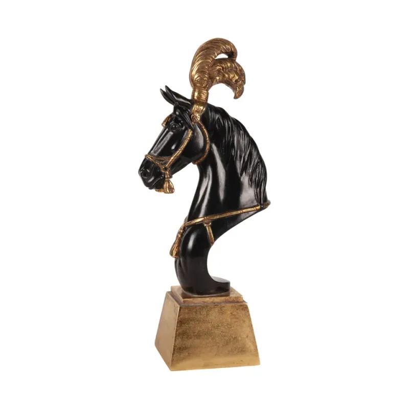 Pferdekopfstatue Schwarz/Gold Polyresin 36,5 cm Pferdekopfstatue, Rappe mit Federbusch Skulptur, Polyresin, schwarz/gold, 36,5x14x10,5cm im historischen Parade-Stil.