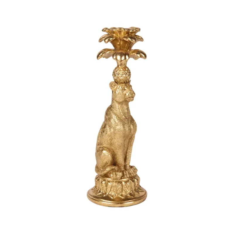 Leoparden-Kerzenhalter Polyresin Gold H23,5 cm Leoparden-Kerzenhalter, Stabkerzenständer, Polyresin, gold, 23,5x9x8,5cm im exotischen Safari-Stil.