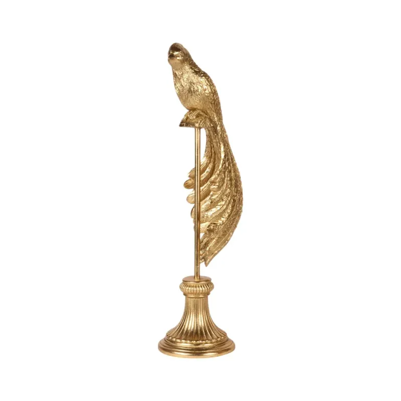 Paradiesvogel auf Ständer Polyresin Gold 49 cm Vogelfigur auf Ständer, Paradiesvogel Skulptur, Polyresin, gold, 49x16,5x13cm im edlen Barock-Stil.