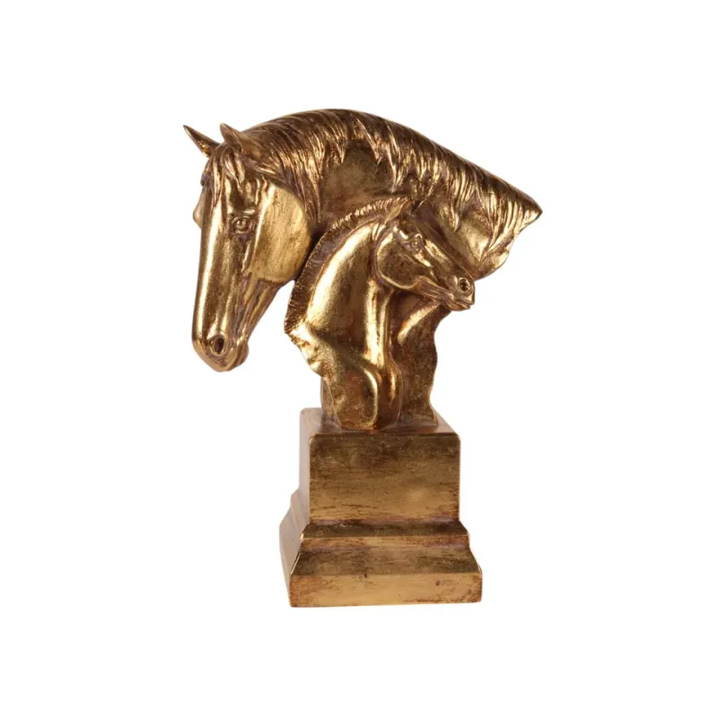 Pferdekopfstatue Doppel Polyresin Gold 30x23 cm Pferdekopfstatue, Doppelpferdekopf Skulptur, Polyresin, gold, 30x11,5x23cm im edlen Barock-Stil.