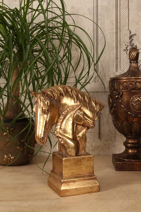 Pferdekopfstatue Doppel Polyresin Gold 30x23 cm