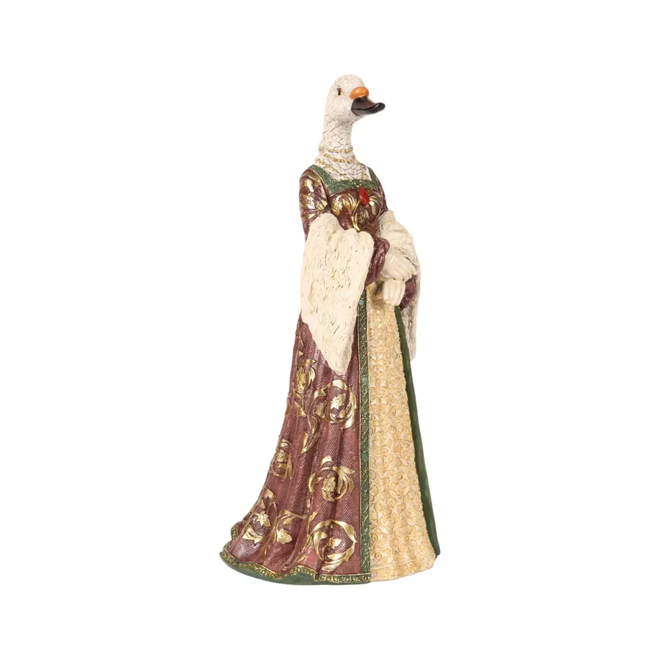 Stehende Vogeldame Skulptur Polyresin Bekleidet 31 cm Stehende Vogeldame, Gans Figur im Kleid, Polyresin, bekleidet, 31x15,5x14cm im historischen Barock-Stil.