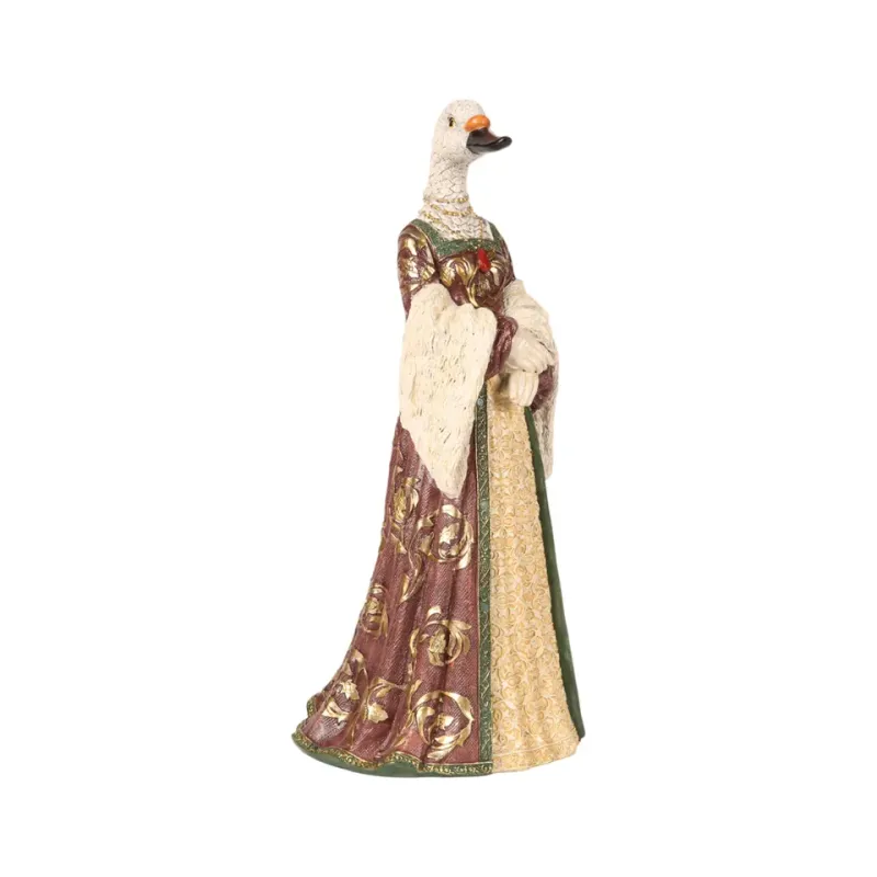Stehende Vogeldame Skulptur Polyresin Bekleidet 31 cm Stehende Vogeldame, Gans Figur im Kleid, Polyresin, bekleidet, 31x15,5x14cm im historischen Barock-Stil.