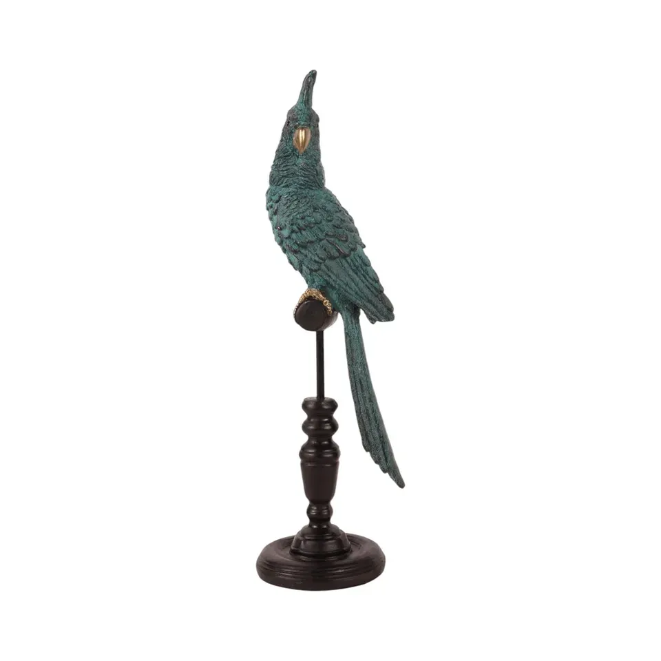 Papagei auf Stange, Skulptur, Polyresin, blau, 35x13x10cm im tropischen Vintage-Stil.