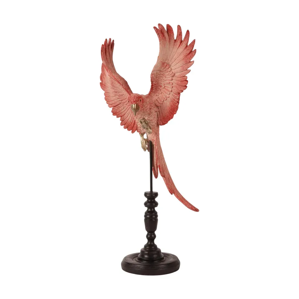 Papagei auf Stange Polyresin Rosa 52,5 cm Papagei auf Stange, Skulptur fliegender Papagei, Polyresin, rosa, 52,5x26,5x14,5cm im tropischen Vintage-Stil.