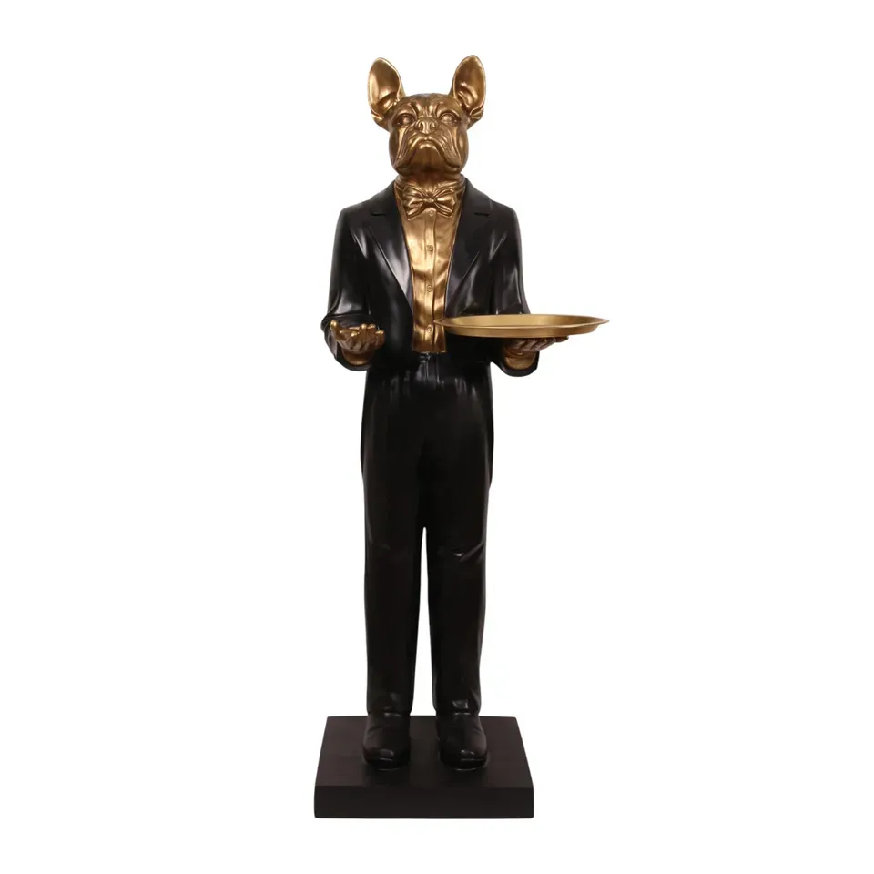 Hundebutler lebensgross, Französische Bulldogge Skulptur mit Tablett, Kunstharz, schwarz/gold, 162x53x54cm im Butler-Stil