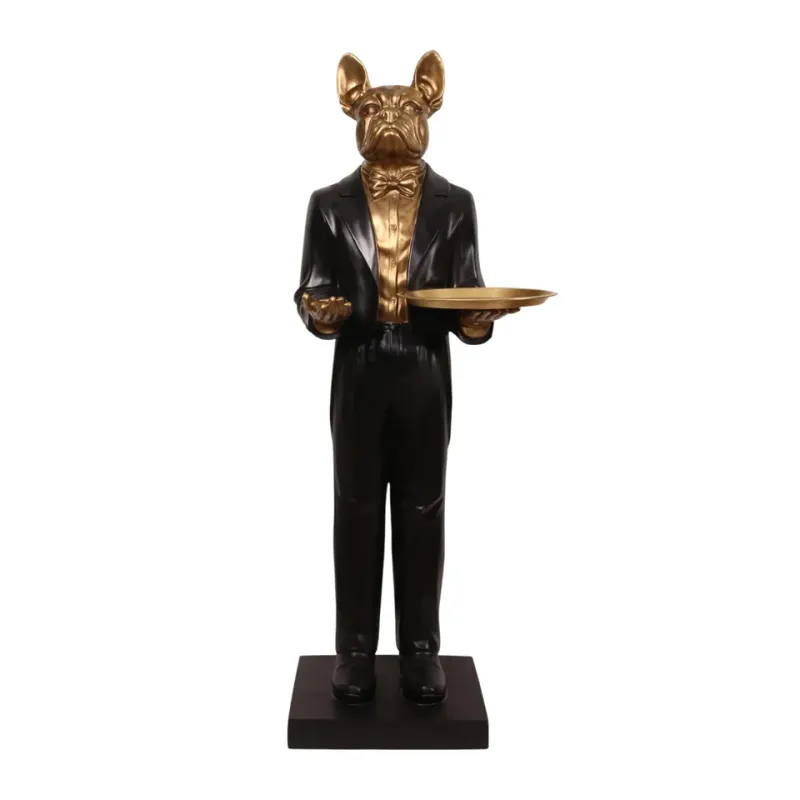 Hundebutler Skulptur Lebensgross Schwarz/Gold 162 cm Hundebutler lebensgross, Französische Bulldogge Skulptur mit Tablett, Kunstharz, schwarz/gold, 162x53x54cm im Butler-Stil