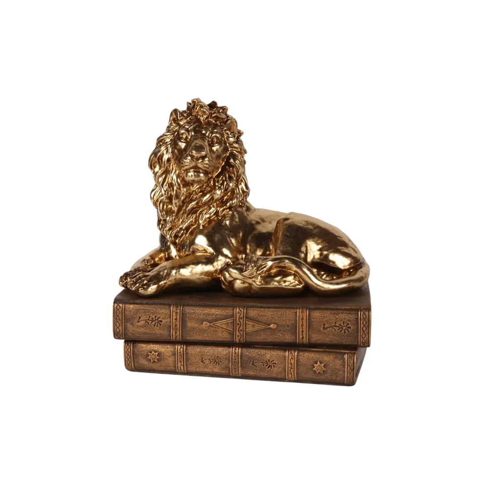 Löwe auf Büchern Skulptur Polyresin Gold 21 cm Löwe auf Büchern, Skulptur, Polyresin, gold/braun, 21x13,5x19,5cm im klassischen Barock-Stil.