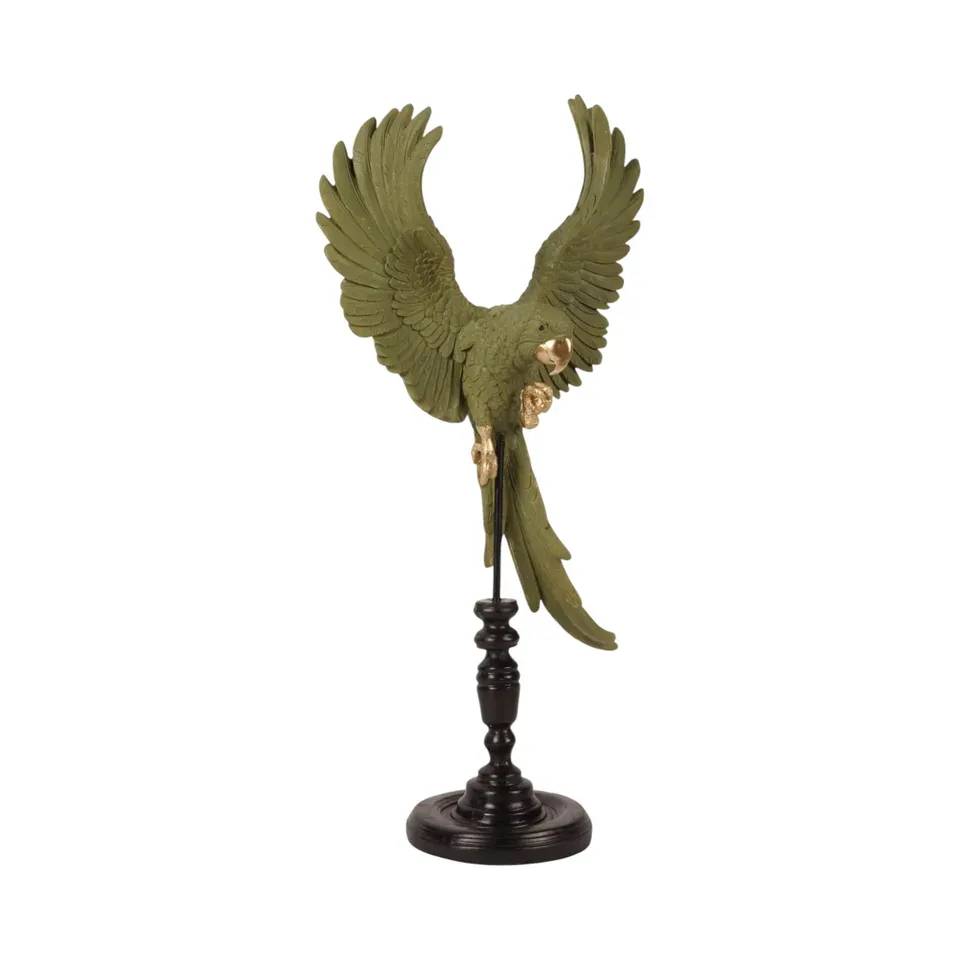 Papagei auf Stange Polyresin Grün 52,5 cm Papagei auf Stange, Skulptur fliegender Papagei, Polyresin, grün, 52,5x26,5x14,5cm im tropischen Vintage-Stil.