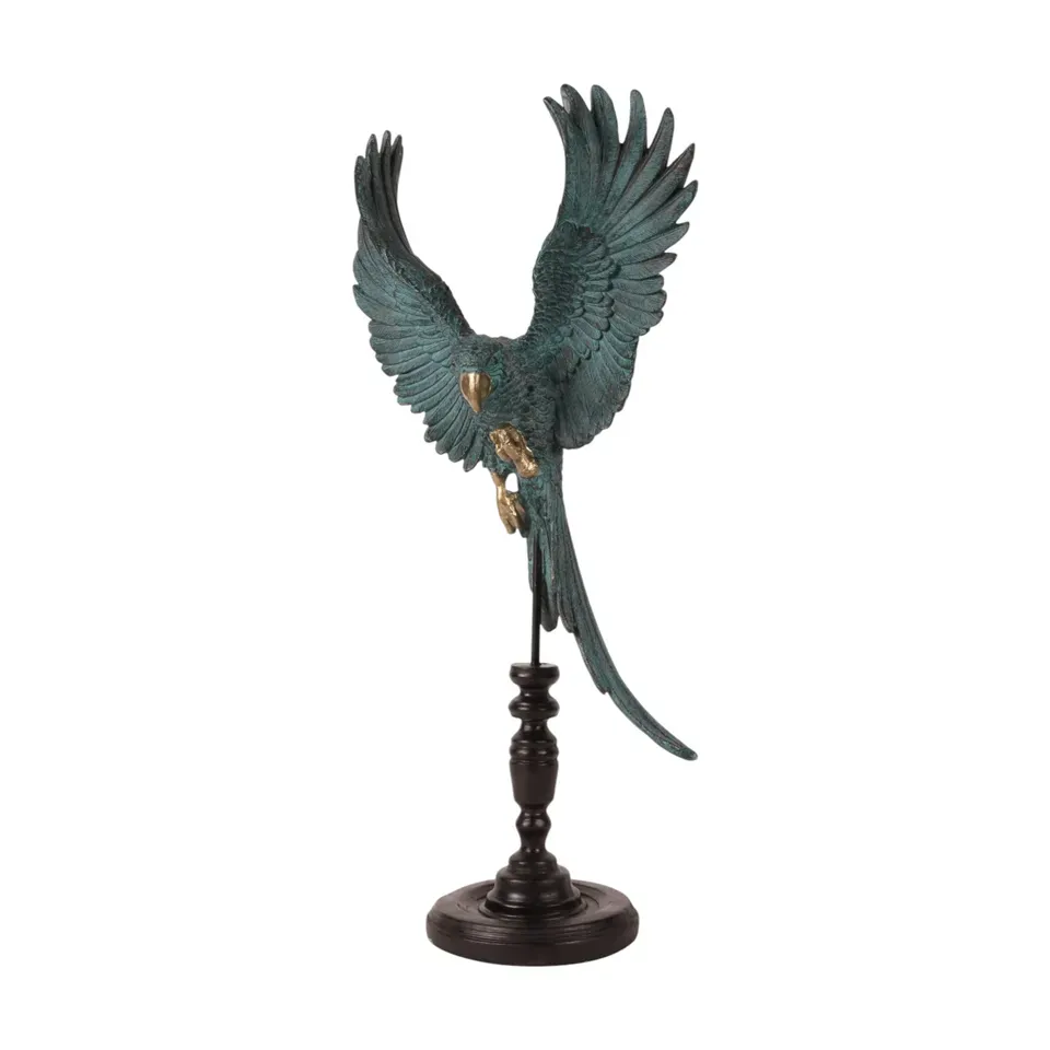 Papagei auf Stange Polyresin Blau 52,5 cm Papagei auf Stange, Skulptur fliegender Papagei, Polyresin, blau, 52,5x26,5x14,5cm im tropischen Vintage-Stil.