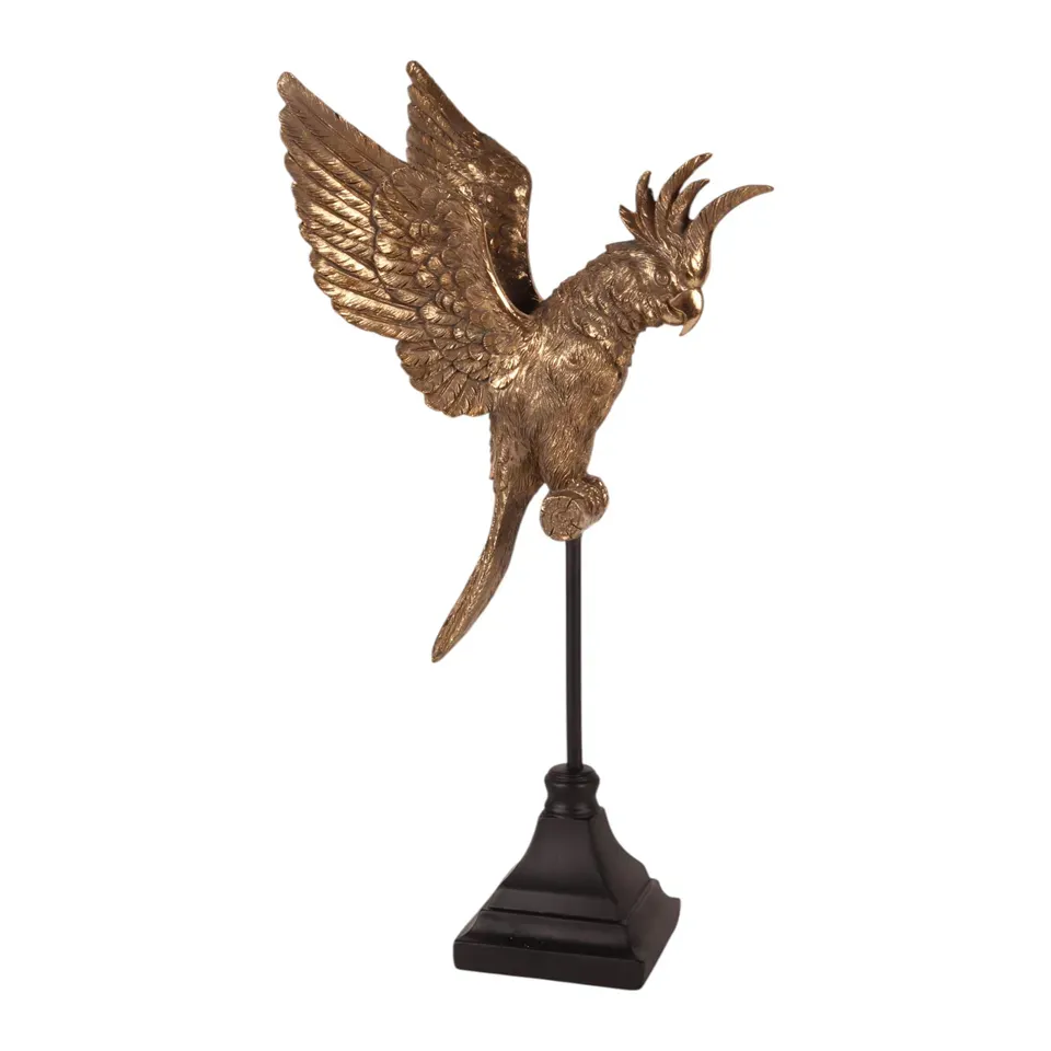Papageienfigur auf Ständer Polyresin Gold 41,8 cm Papageienfigur auf Ständer, Kakadu Skulptur, Polyresin, gold, 41,8x14,7x22cm im tropischen Barock-Stil.