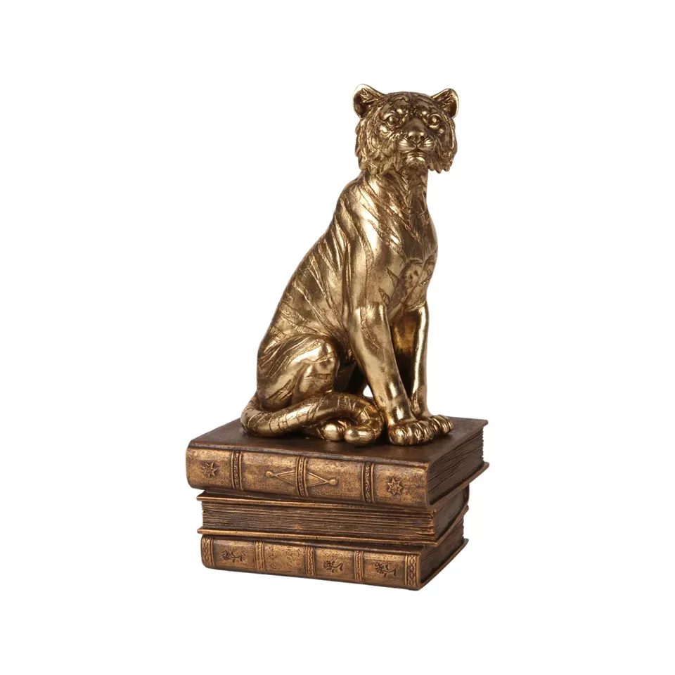 Tiger auf Büchern Skulptur Polyresin Gold 29 cm Tiger auf Büchern, Skulptur, Polyresin, gold/braun, 29x11,5x16cm im klassischen Safari-Barock-Stil.
