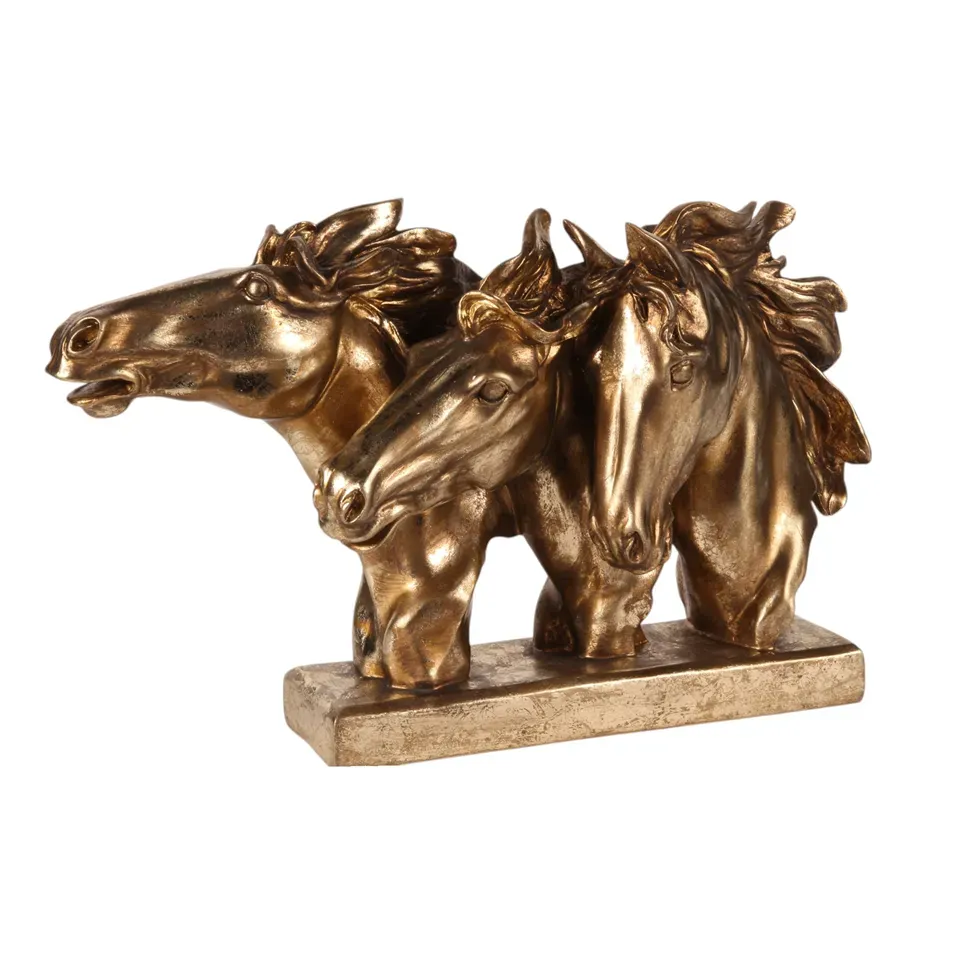 Pferdefigur 3 Pferdeköpfe Skulptur Polyresin Gold 27x43 cm Pferdefigur 3 Pferdeköpfe, Trio Pferdeskulptur, Polyresin, gold, 27x43x12,5cm im dynamischen Barock-Stil.