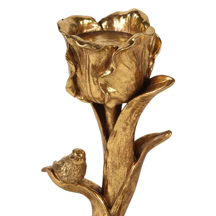 Blumenkerzenhalter mit Vögeln Polyresin Gold 25,5 cm
