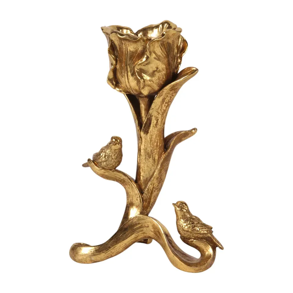 Blumenkerzenhalter mit Vögeln Polyresin Gold 25,5 cm Blumenkerzenhalter mit Vögeln, Kerzenständer Tulpe, Polyresin, gold, 25,5x10,5x16,5cm im romantischen Barock-Stil.