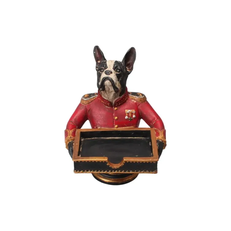Hundefigur mit Tablett Polyresin Rot 18 cm Hundefigur mit Tablett, Offizier Skulptur, Polyresin, rot/gold, 18x14x13cm im historischen Uniform-Stil.