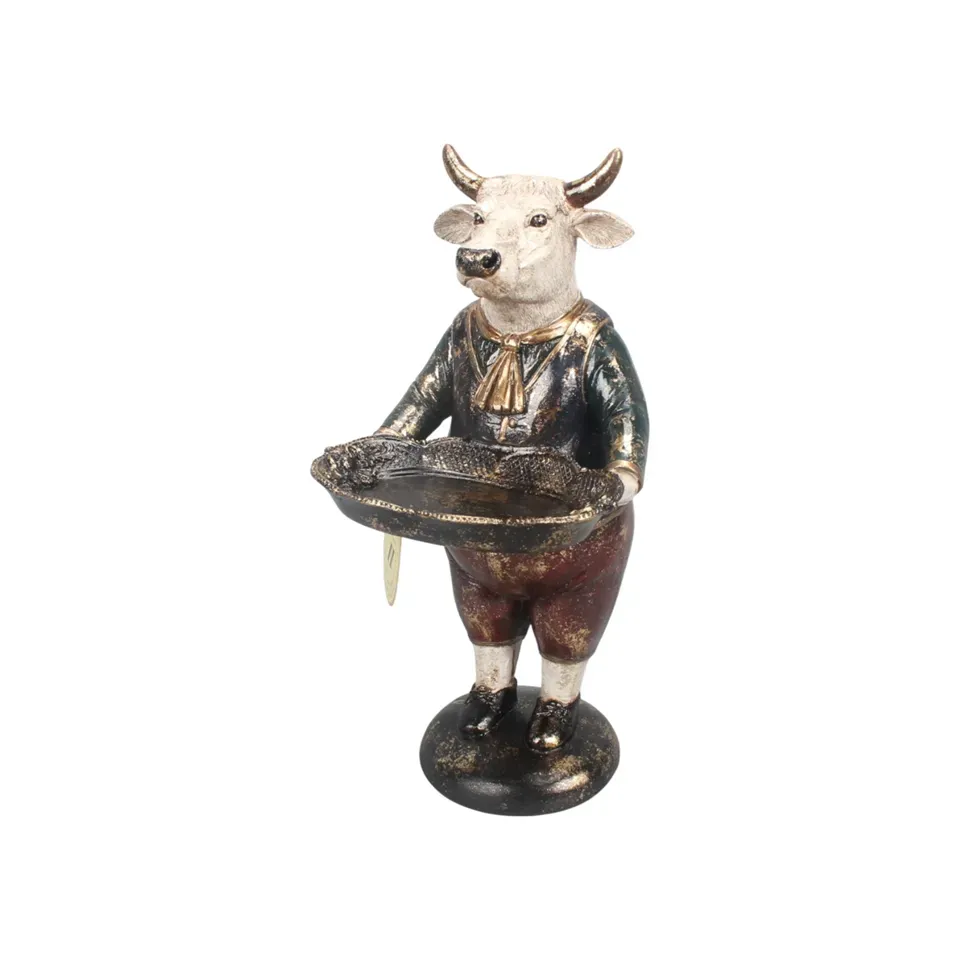 Kuhfigur mit Tablett Polyresin Mehrfarbig 30 cm Kuhfigur mit Tablett, Kuh Skulptur im Kostüm, Polyresin, mehrfarbig, 30x16x14cm im festlichen Landhaus-Stil.