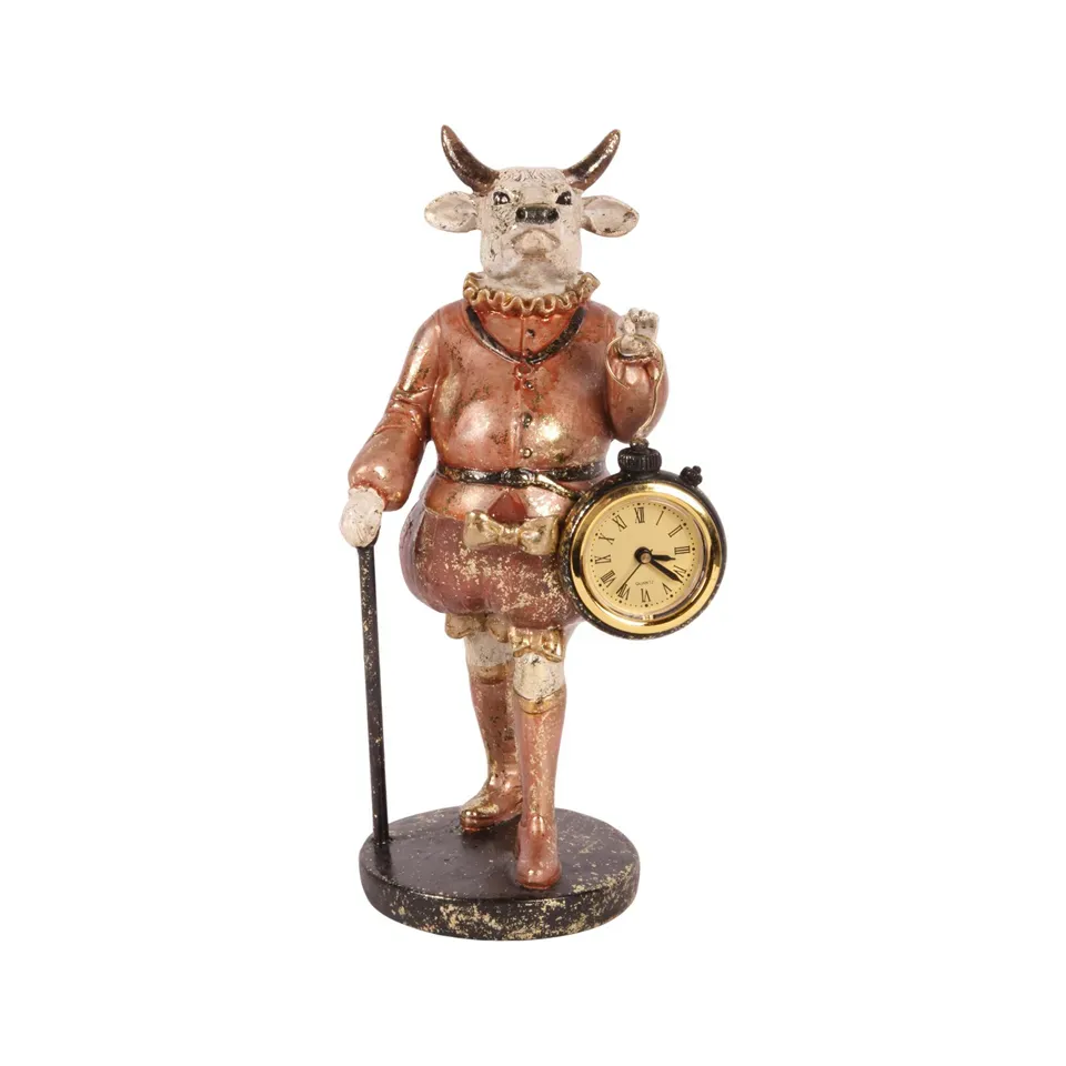 Kuhfigur mit Uhr Skulptur Polyresin Rosa 25 cm Kuhfigur mit Uhr, Kuh Skulptur Gentleman, Polyresin, rosa/gold, 25x12x10cm im historischen Barock-Stil.