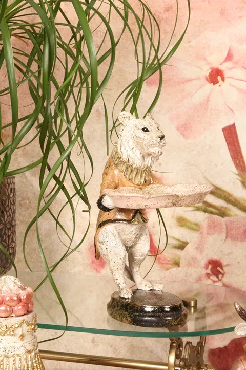 Tigerfigur mit Tablett Polyresin Rosa 25 cm