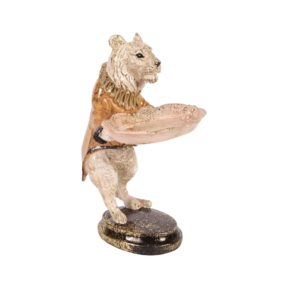 Tigerfigur mit Tablett Polyresin Rosa 25 cm Tigerfigur mit Tablett, Tiger Skulptur im Kostüm, Polyresin, rosa/gold, 25x14x16cm im barocken Stil.