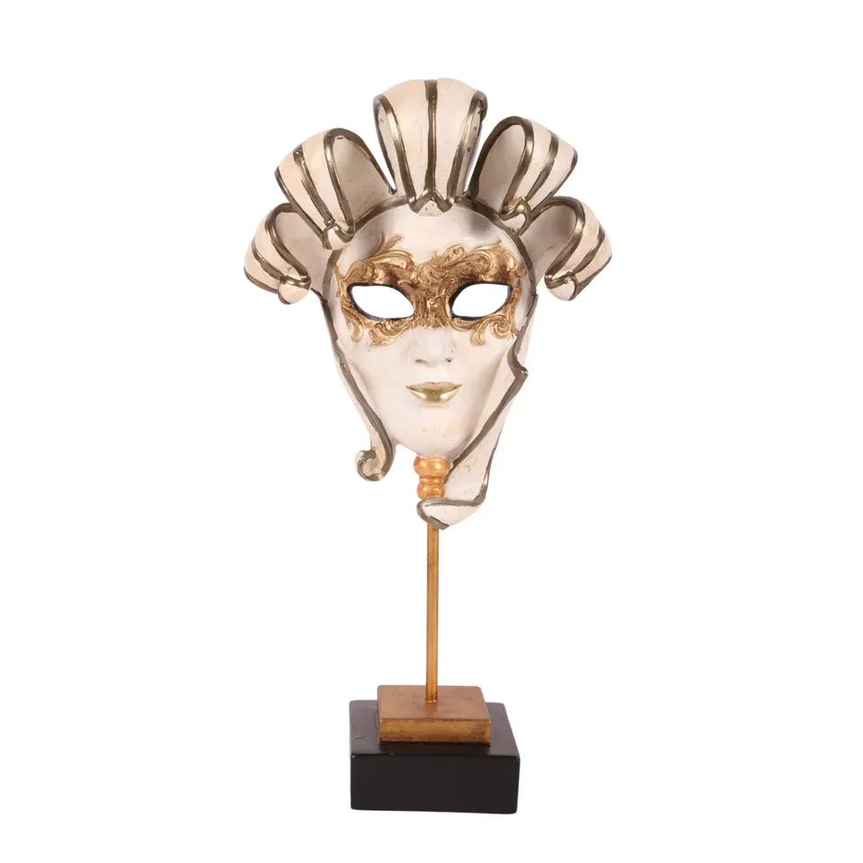 Venezianische Maskenfigur auf Sockel Polyresin Weiss/Gold 35 cm Maskenfigur auf Sockel, Venezianische Maske Skulptur, Polyresin, weiss/gold, 35x18x9cm im eleganten Barock-Stil