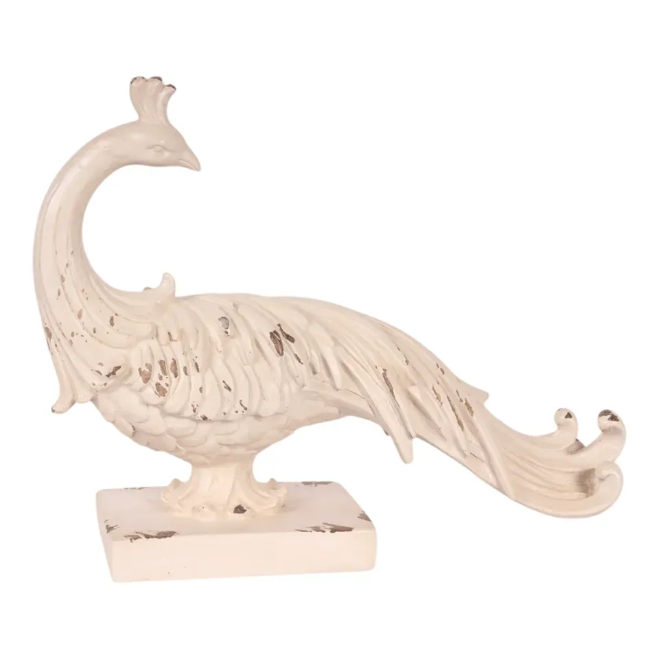 Pfauenfigur Skulptur Polyresin Creme/Weiss 30 cm Pfauenfigur, Pfau Skulptur auf Sockel, Polyresin, creme/weiss, 22x30x8cm im Shabby Chic Landhaus-Stil.