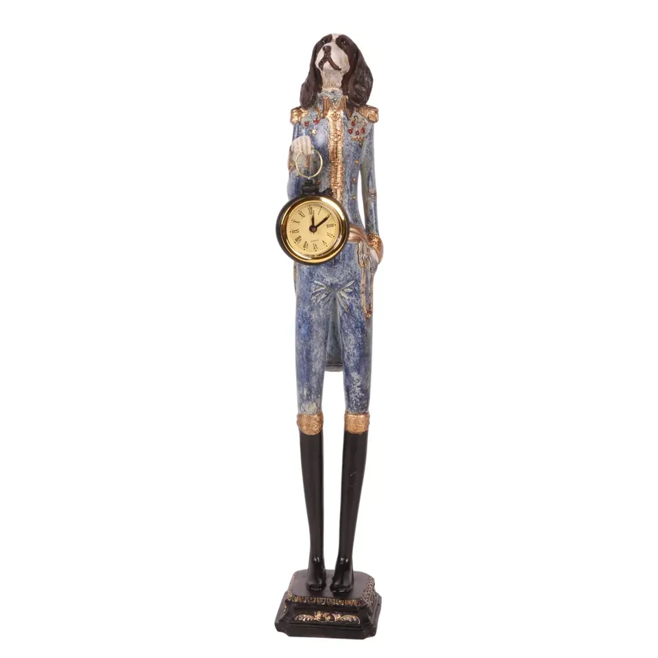 Hund Statue mit Uhr Polyresin Blau/Gold 45 cm Hund Statue mit Uhr, Offizier Skulptur Gentleman, Polyresin, blau/gold, 45x9x7cm im historischen Uniform-Stil.