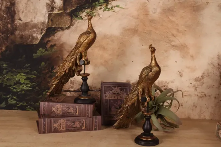 2er Set Pfau Skulptur auf Ständer Polyresin Gold 41 cm