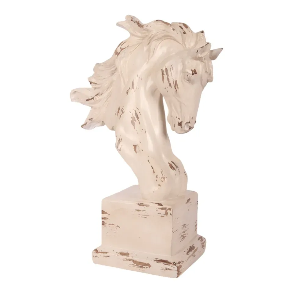 Pferdekopf Skulptur, Schimmel Pferdekopf auf Sockel, Polyresin, creme/weiss, 38x26x13cm im Shabby Chic Landhaus-Stil.